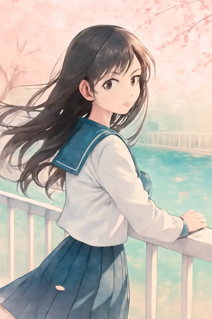 A thoughtful anime schoolgirl with long flowing dark hair stands gracefully by a white railing, gazing into the distance. She wears a traditional sailor uniform (white blouse with blue collar/skirt) that flutters gently in the spring breeze. The tranquil turquoise waterfront reflects soft pastel clouds, while delicate pink cherry blossoms frame the dreamy composition. Perfect for fans of introspective anime aesthetics.