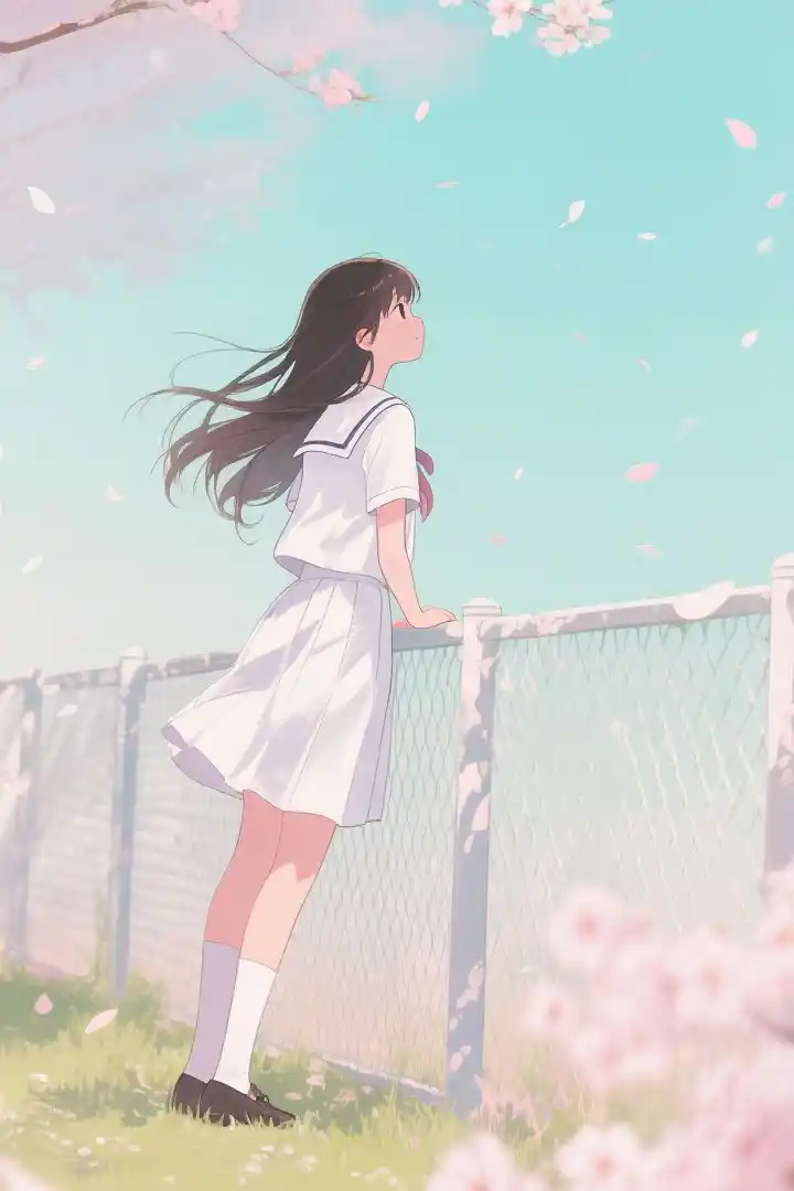 A sailor-uniformed anime girl stands gracefully beneath falling cherry blossoms, her red ribbon adding vibrant contrast against the light blue sky. The green grass and additional blossom petals create a quintessential spring tableau. Her upward gaze and flowing black hair emphasize the serene beauty of this outdoor park setting.