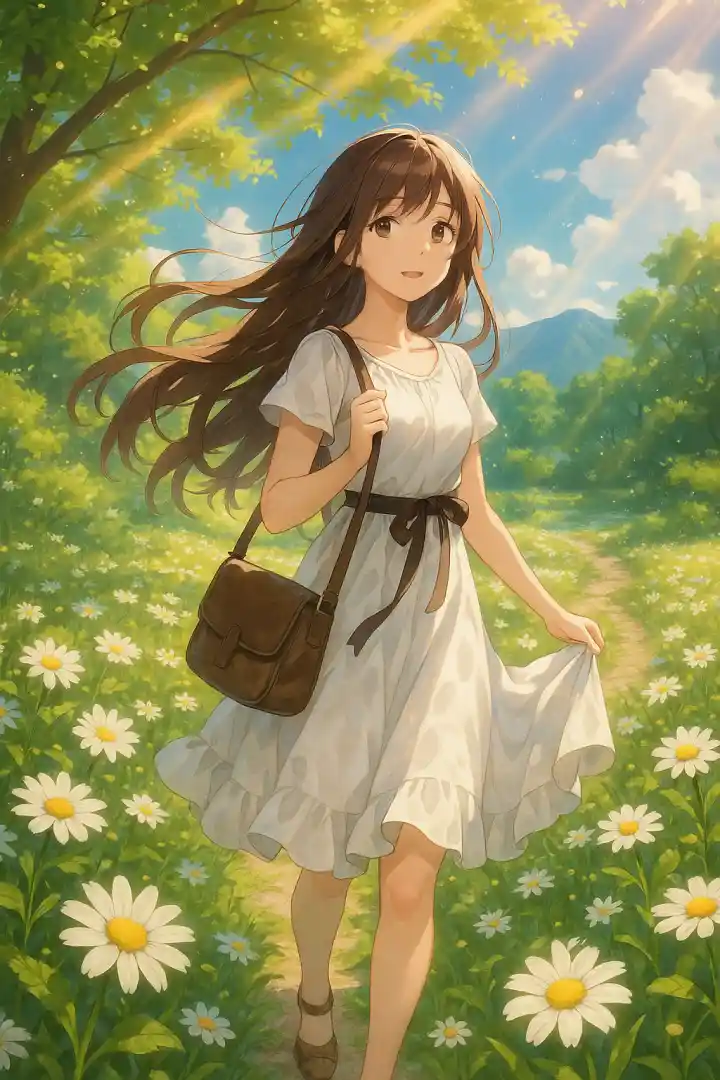 A carefree anime girl strides briskly through a white daisy meadow, her brown hair dancing in the wind. The dark ribbon at her waist accents her flowing dress as she holds up its hem with one hand and carries a shoulder bag with the other. Distant mountains and fluffy clouds complete this idyllic countryside scene.