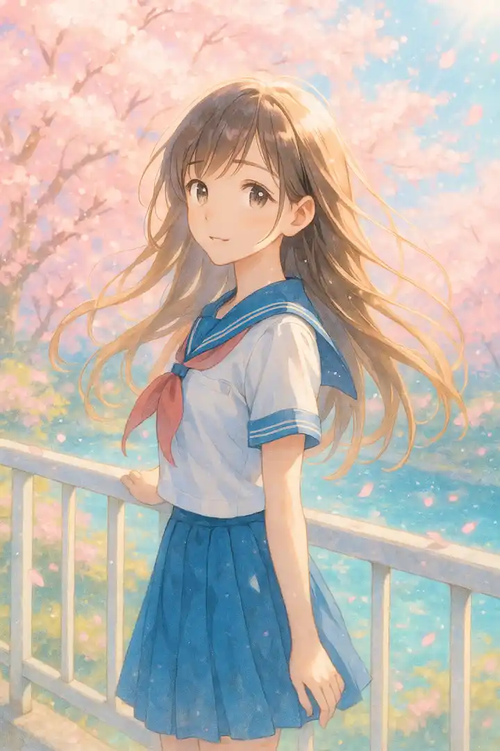An elegant anime schoolgirl stands poised by a white railing, her red necktie and pleated blue skirt perfectly complementing the pink cherry blossom backdrop. Falling petals create soft motion lines, while hints of blue water/sky add depth. This balanced composition captures both the girl's youthful charm and springtime tranquility.