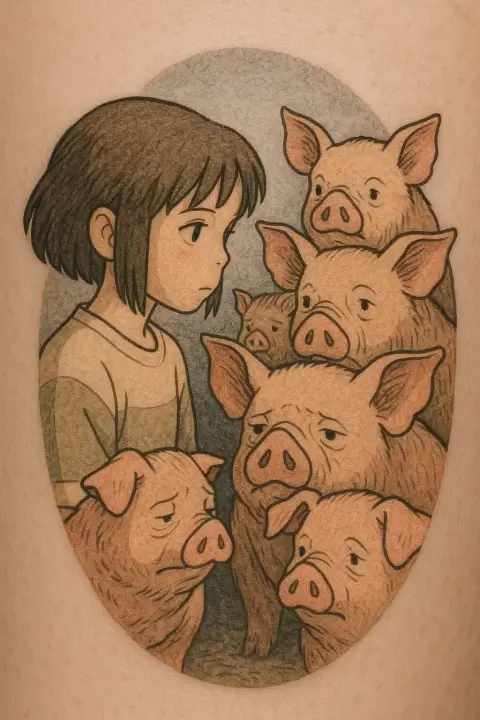 Girl gazing at enchanted pigs